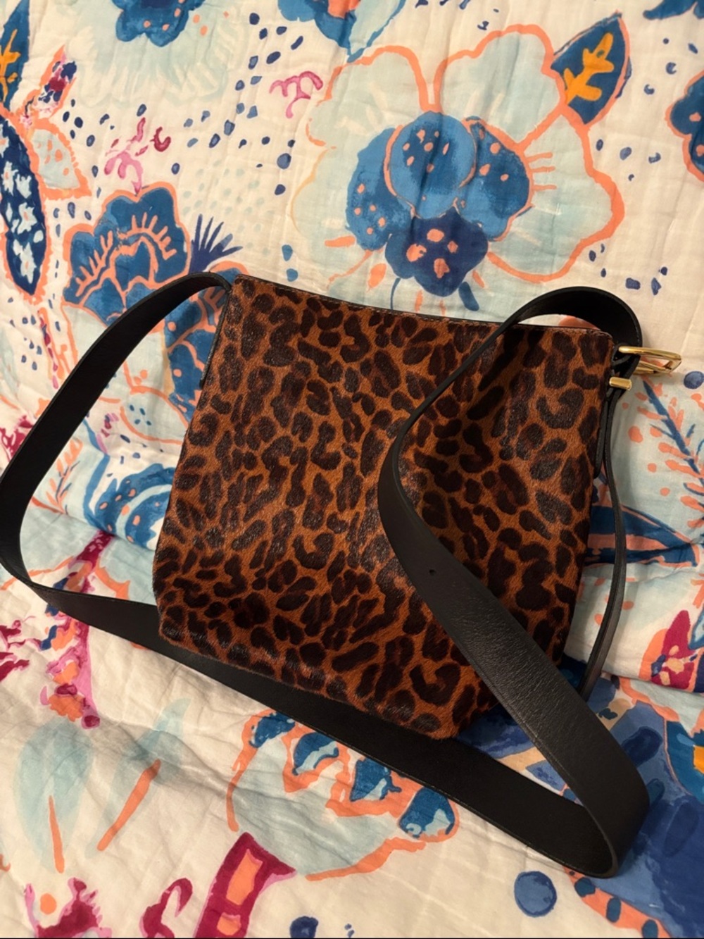 NWT Madewell Essential Mini Bucket Bag Dark Carob Leopard Calf Hair Crossbody